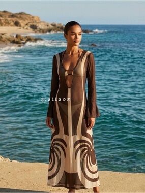Caroline Constas Brown & Cream Long Sheer Beach Cover-Up Dress